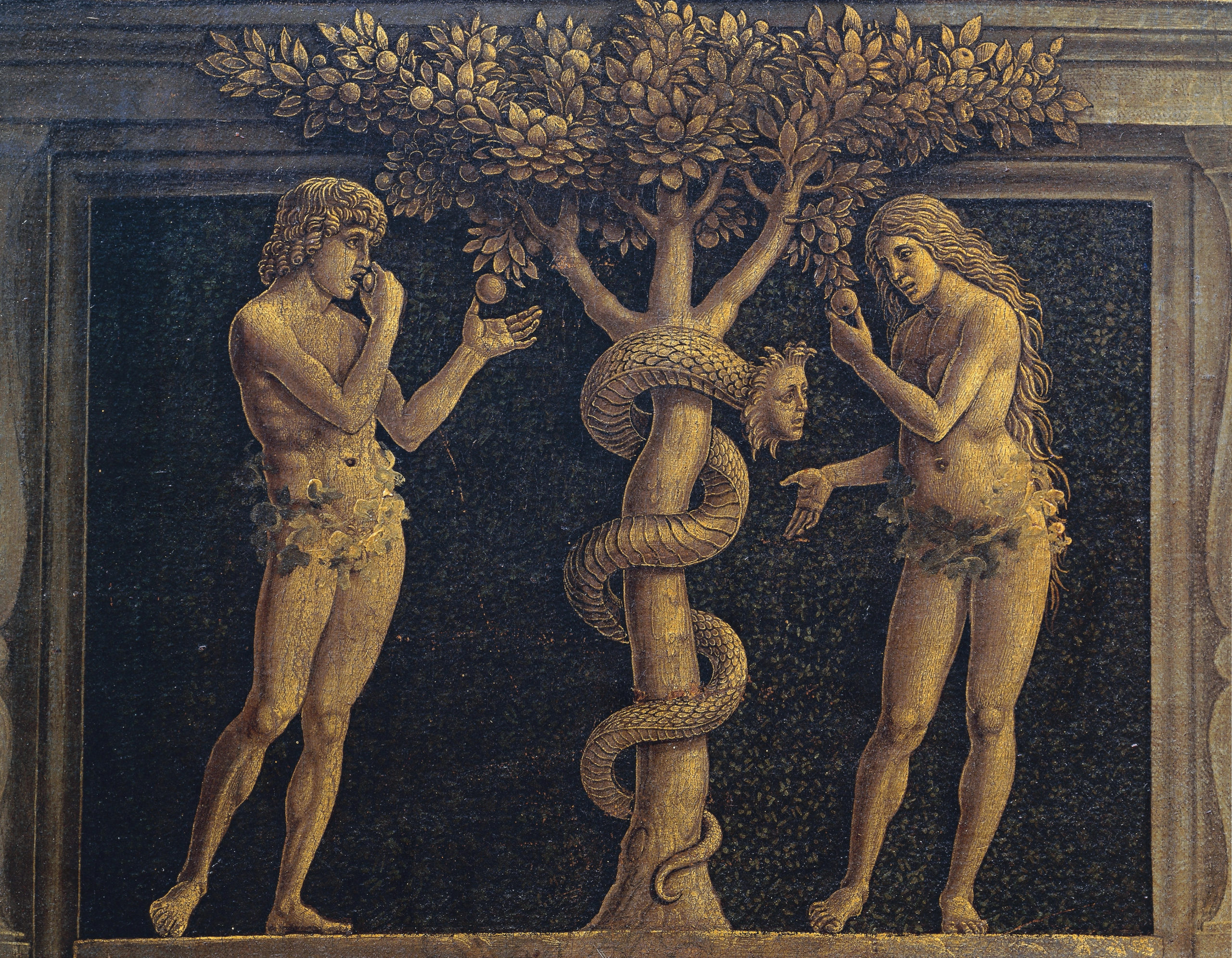 Adam and Eve committing original sin, detail from Virgin of Victory, 1496, by Andrea Mantegna (1431-1506), tempera on canvas, 280x166 cm
